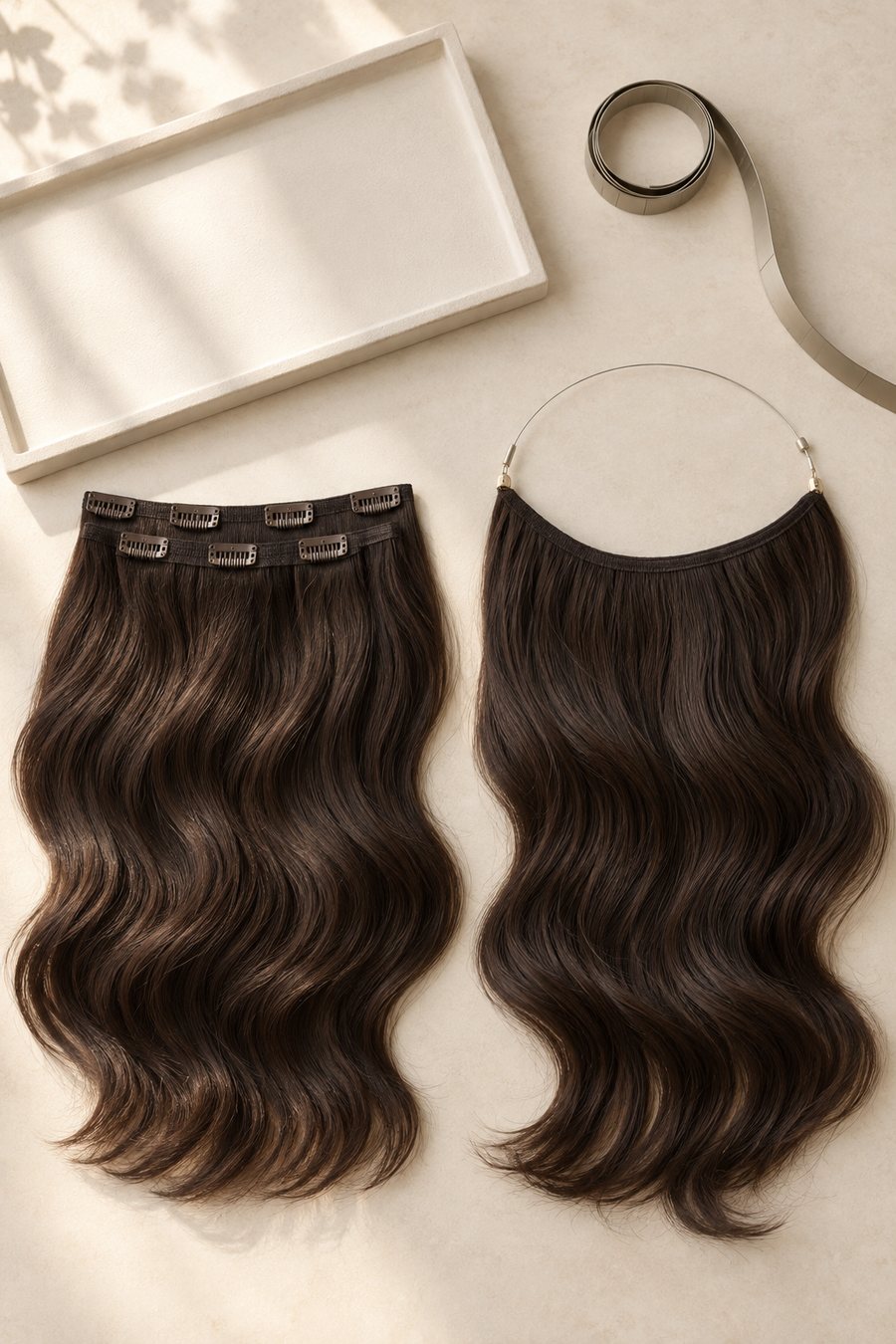 A clip-in set and a halo piece laid side by side next to a measuring tape